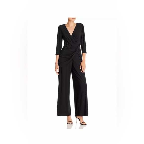 Adrianna Papell Pants - Adrianna Papell Black Wrap-Front Draped Cascade Wide-Leg Jumpsuit Romper Size 14